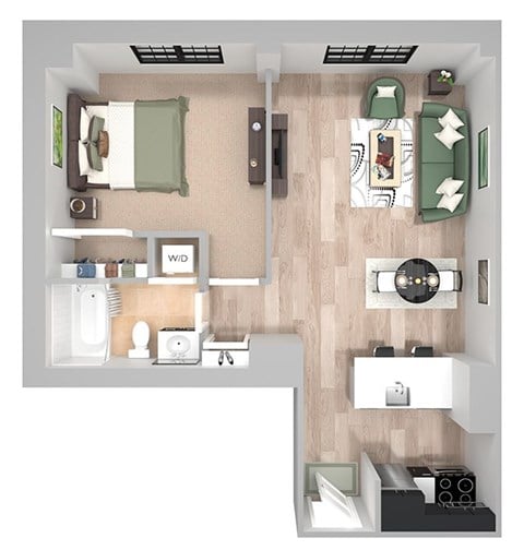 Floor plan for 1 bed, 1 bath, 590 sqft